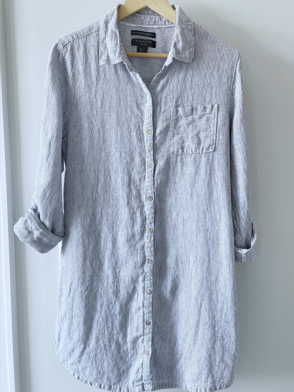 Tahari 100% European Flax Linen Blue/White Striped Tunic Button‑Up with Pocket